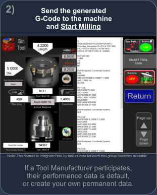 If a Tool Manufacturer participates, their performance data is default, or create your own permanent data. Note: This feature is integrated tool by tool as data for each tool group becomes available. x 2) Send the generated  G-Code to the machine and Start Milling